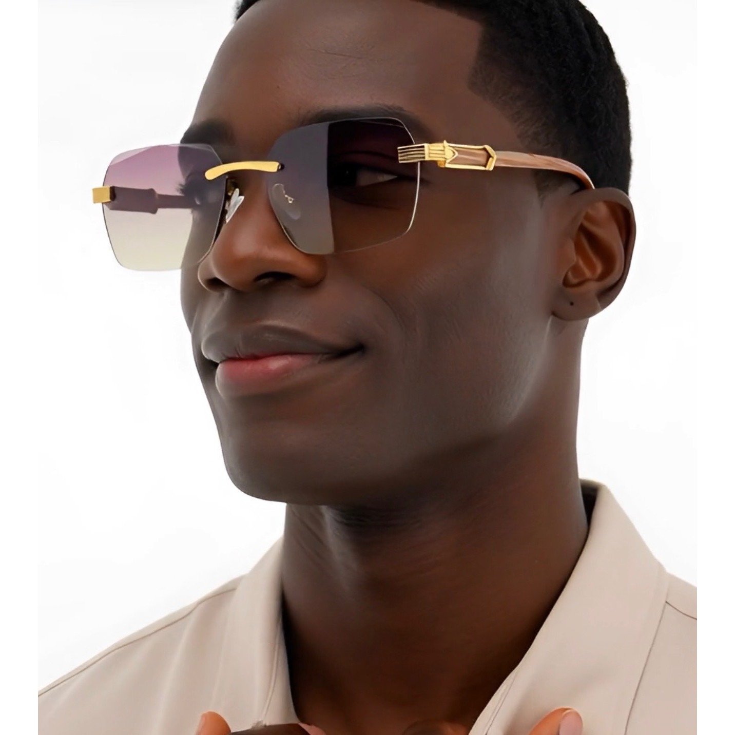 Frameless Men Rectangle Sunglasses Gold Buffs Migos Purple Yellow Gradient Lens